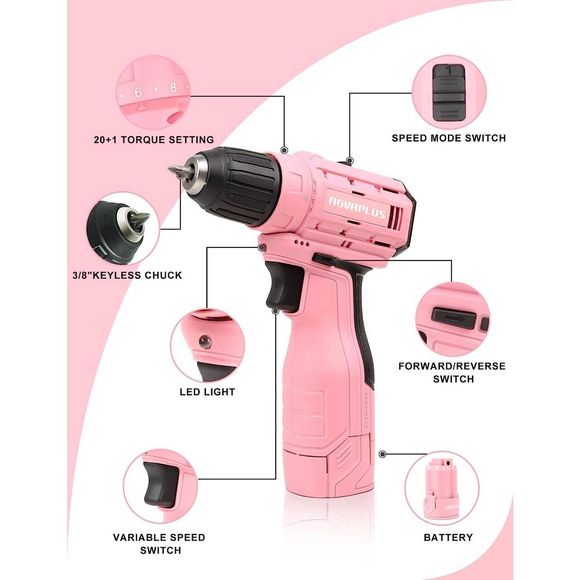 Cordless Drill Set, Brushless Power Drill Kit Variable Speed in Pink - Picture 4 of 7